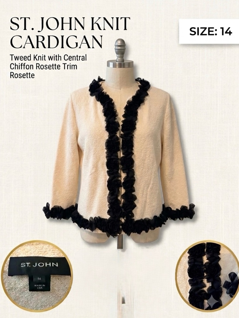 St. John Cream Cardigan with Black Chiffon Rosette Trim